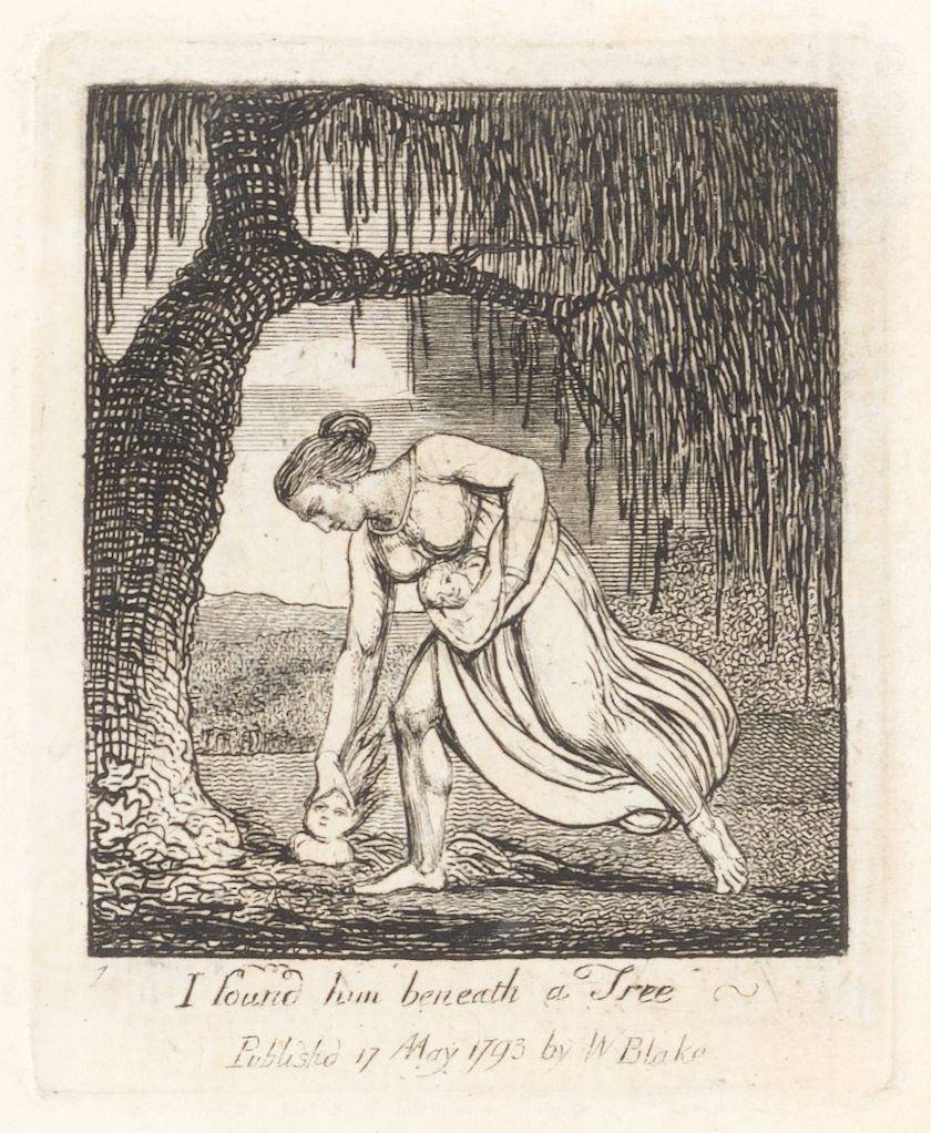 A black and white engraving by William Blake titled 'I found him beneath a Tree' depicting a woman kneeling beside a small infant lying on the ground beneath a large tree.