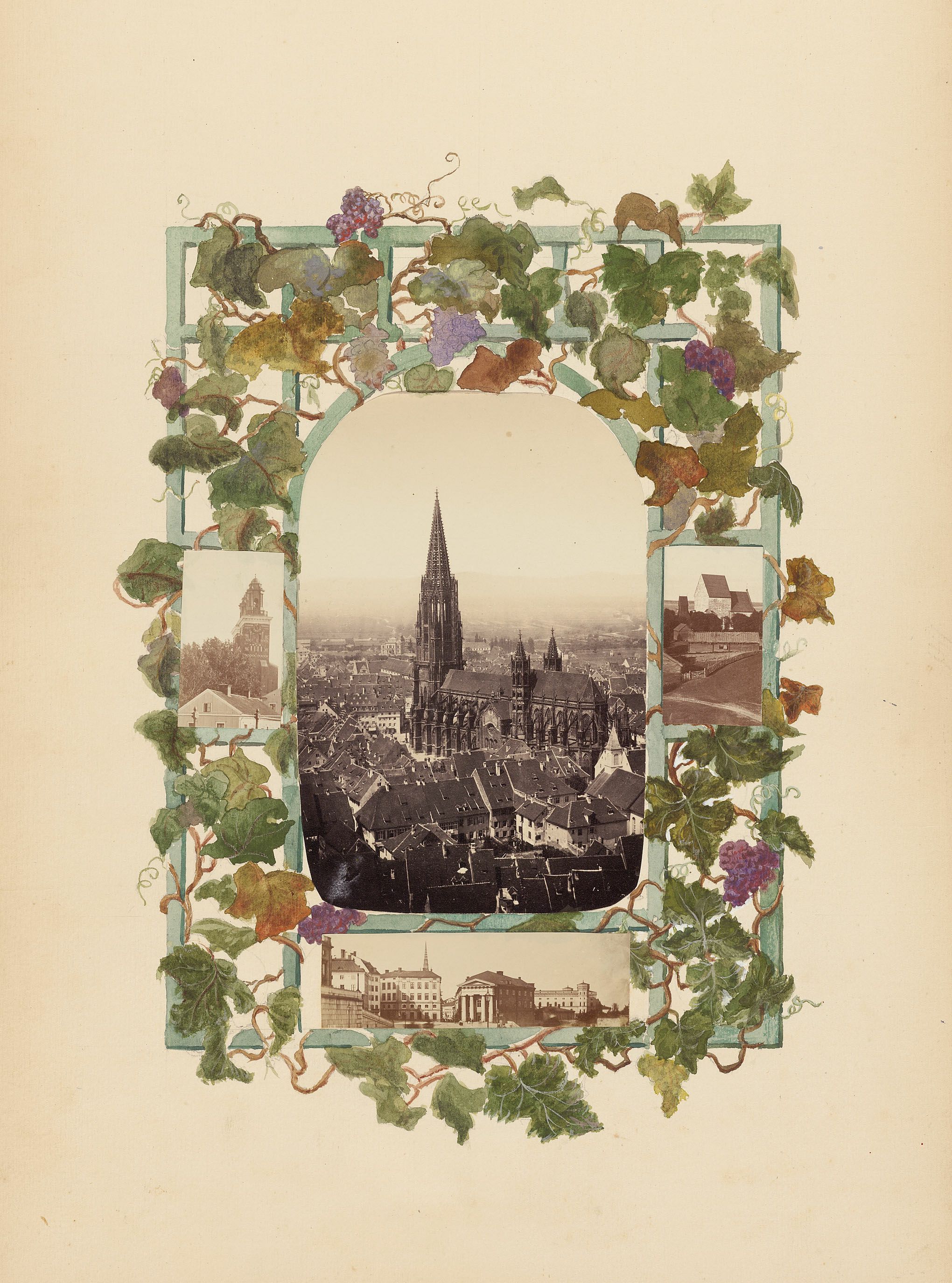 A vintage photograph or artwork featuring a detailed, ornate frame surrounding a central cityscape.