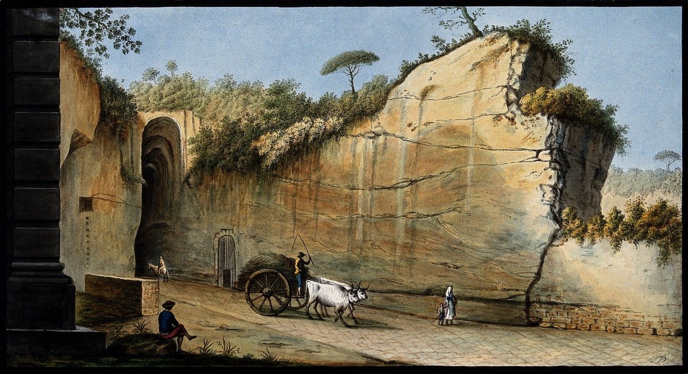 Watercolor painting of a cliff face with a tunnel, a carriage pulled by oxen, and people walking on a stone road.