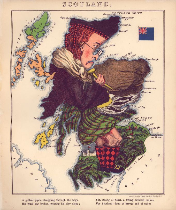 Vintage map of Scotland depicting a piper playing bagpipes, with the landscape integrated into his attire.