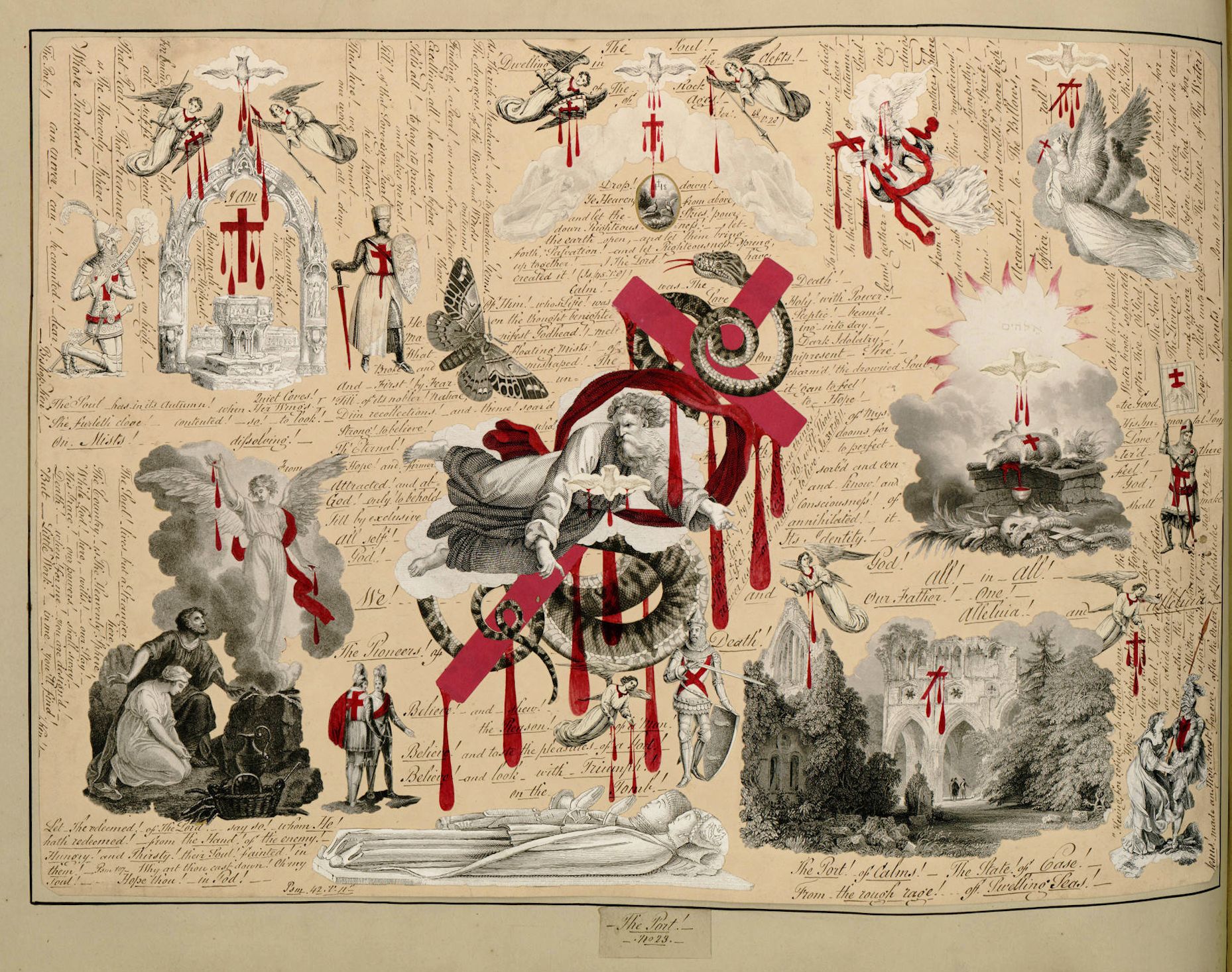 A vintage allegorical print from 1853 titled 'The Veil', featuring a central scene of a figure wrestling a serpent, surrounded by symbolic vignettes and dense text.