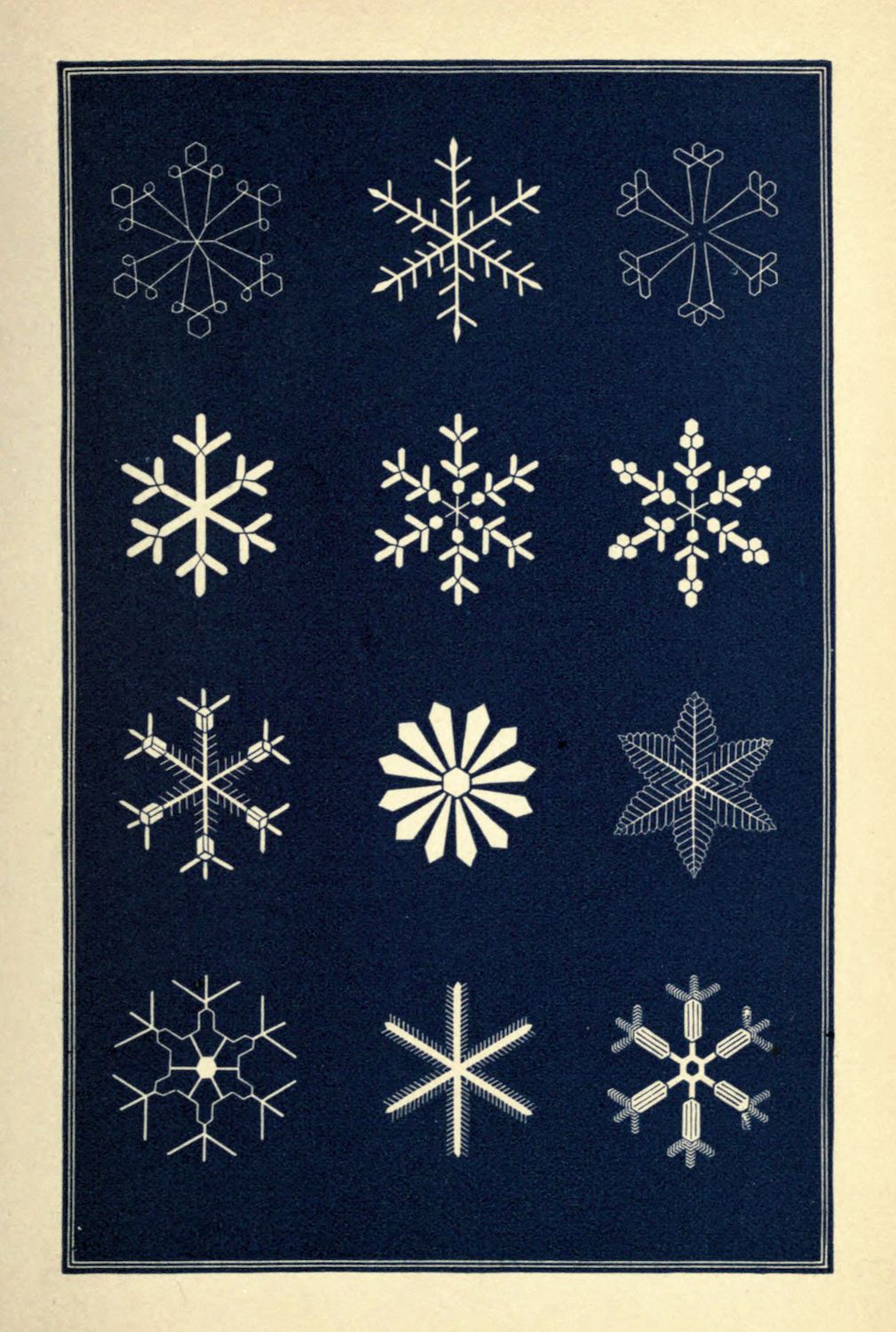 Vintage illustration of twelve different snowflake designs arranged in a grid against a dark background.