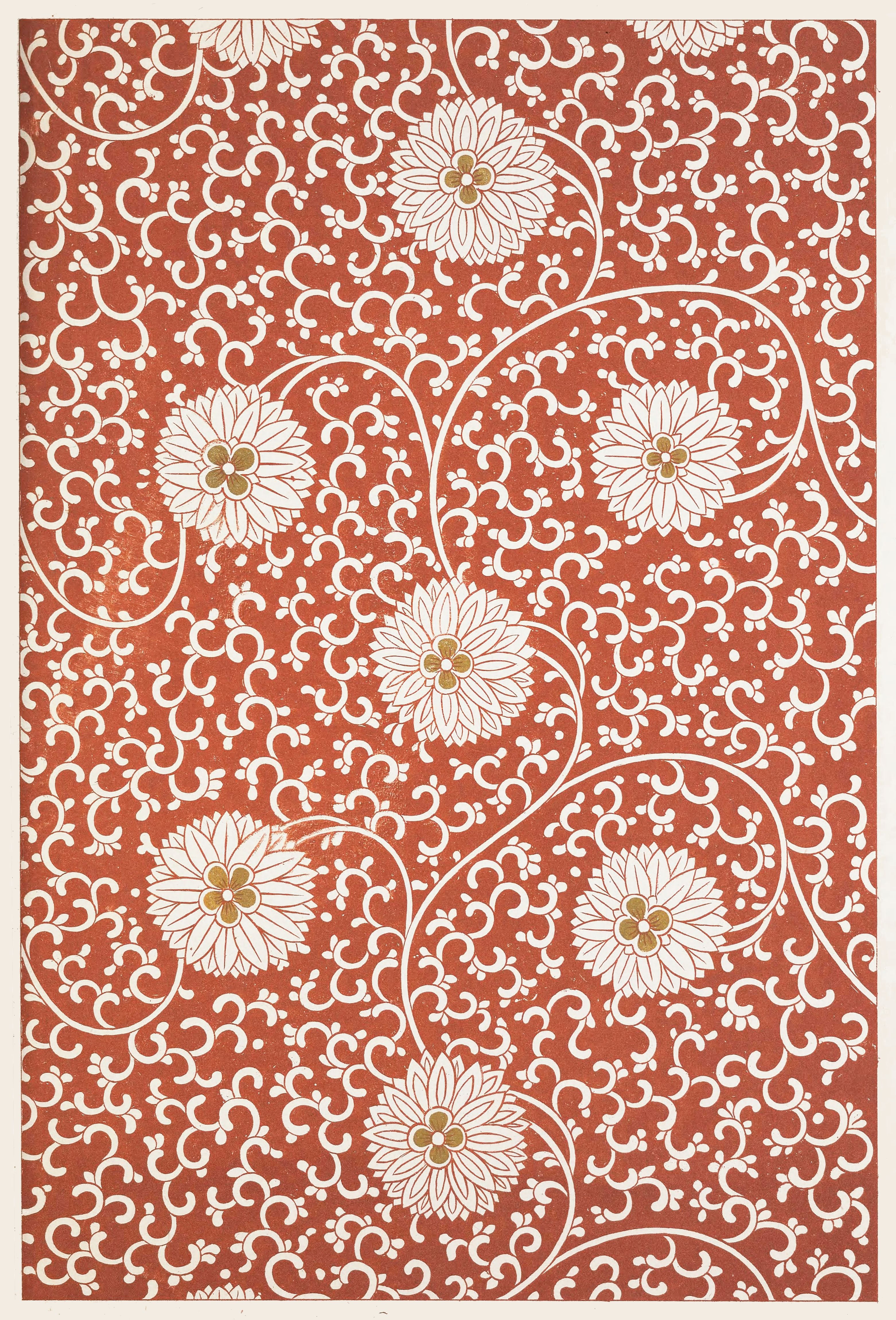 A repeating floral pattern with white flowers and vines on a reddish-brown background.