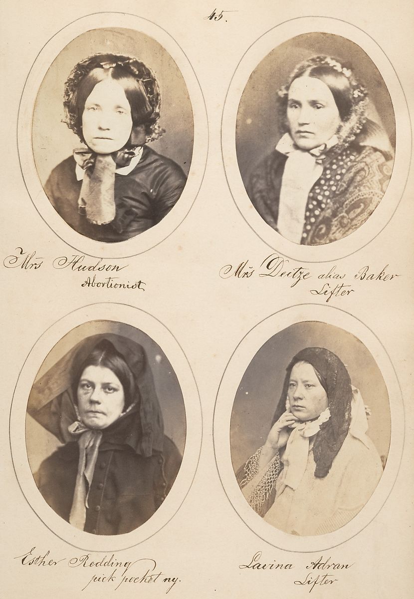 Four oval-shaped portraits of women from the 19th century, labeled with their names and professions, including one labeled as an "Abortionist" and others as "Lifters".