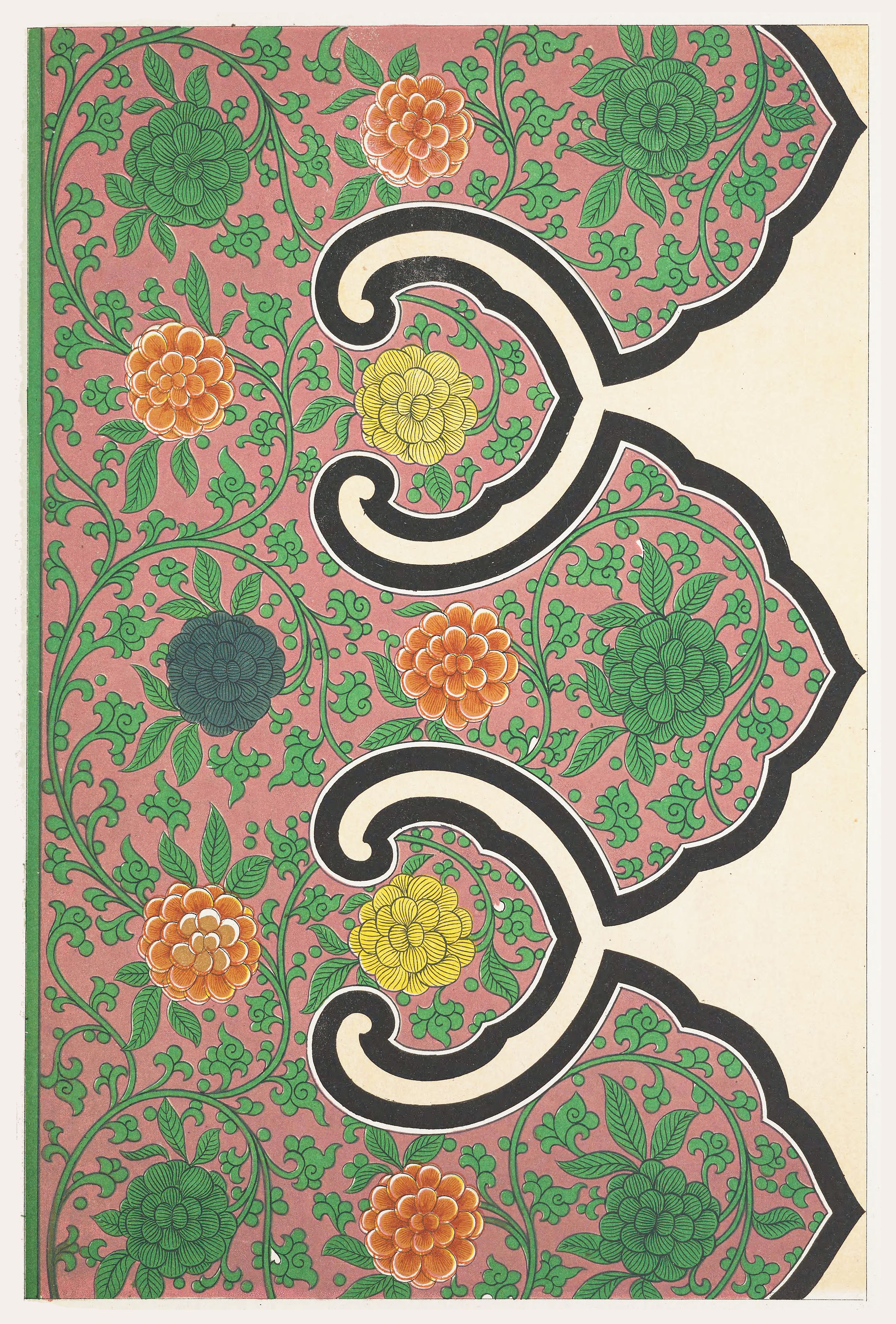 A detailed illustration of a repeating floral pattern with three large, curved, scroll-like shapes in black overlaid on a pink and green background.
