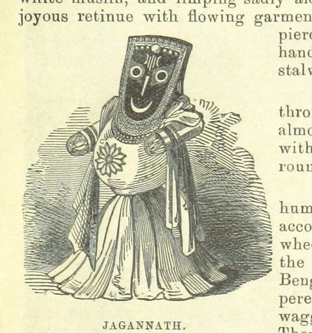 Vintage black and white engraving of a figure labeled 'JAGANNATH' with a stylized head and flowing clothing.
