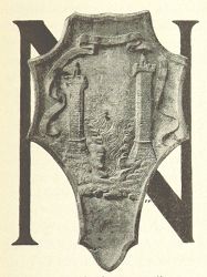 Vintage illustration of a shield with a coat of arms framed by the letter 'N'.