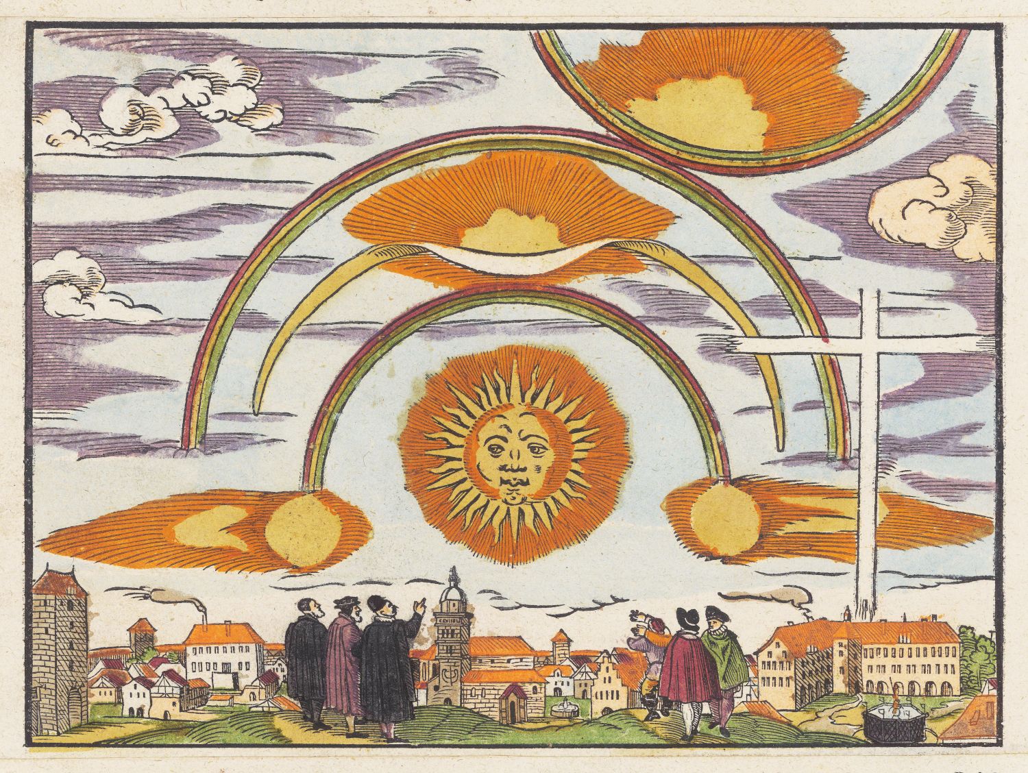 Vintage woodcut print of a town with a fantastical celestial phenomenon, featuring a sun with a human face and multiple rainbows.