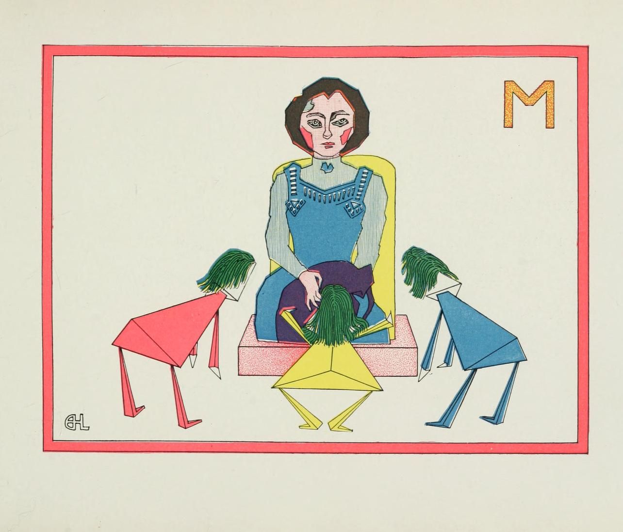 A colorful illustration of a woman surrounded by four abstract child-like figures, with a large yellow letter 'M' above them. The style is flat and graphic, reminiscent of vintage children's book illustrations.