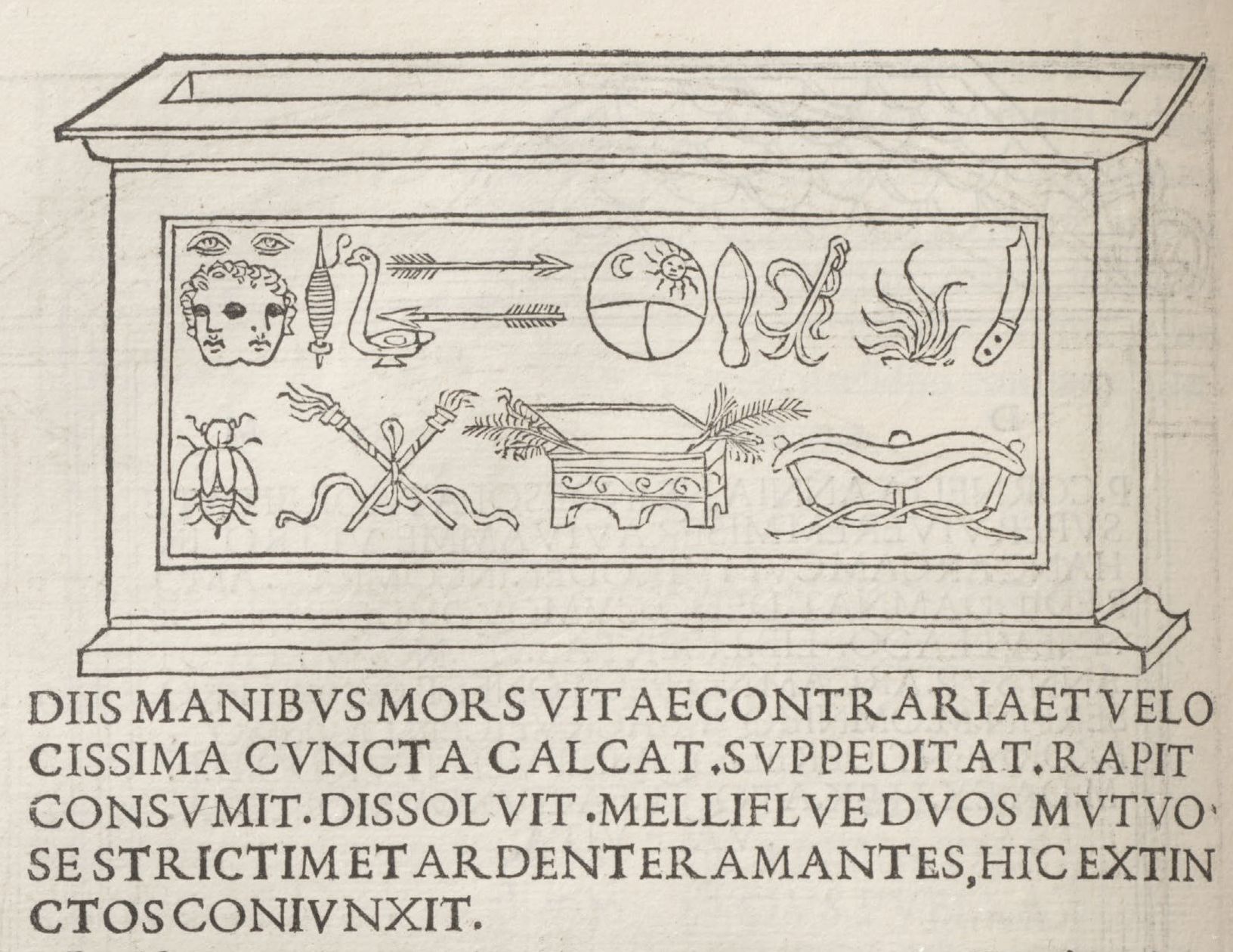 A rectangular tombstone with carvings of a human face, bird, arrow, flower, and a reclining human figure. Below the tombstone is a long Latin inscription.