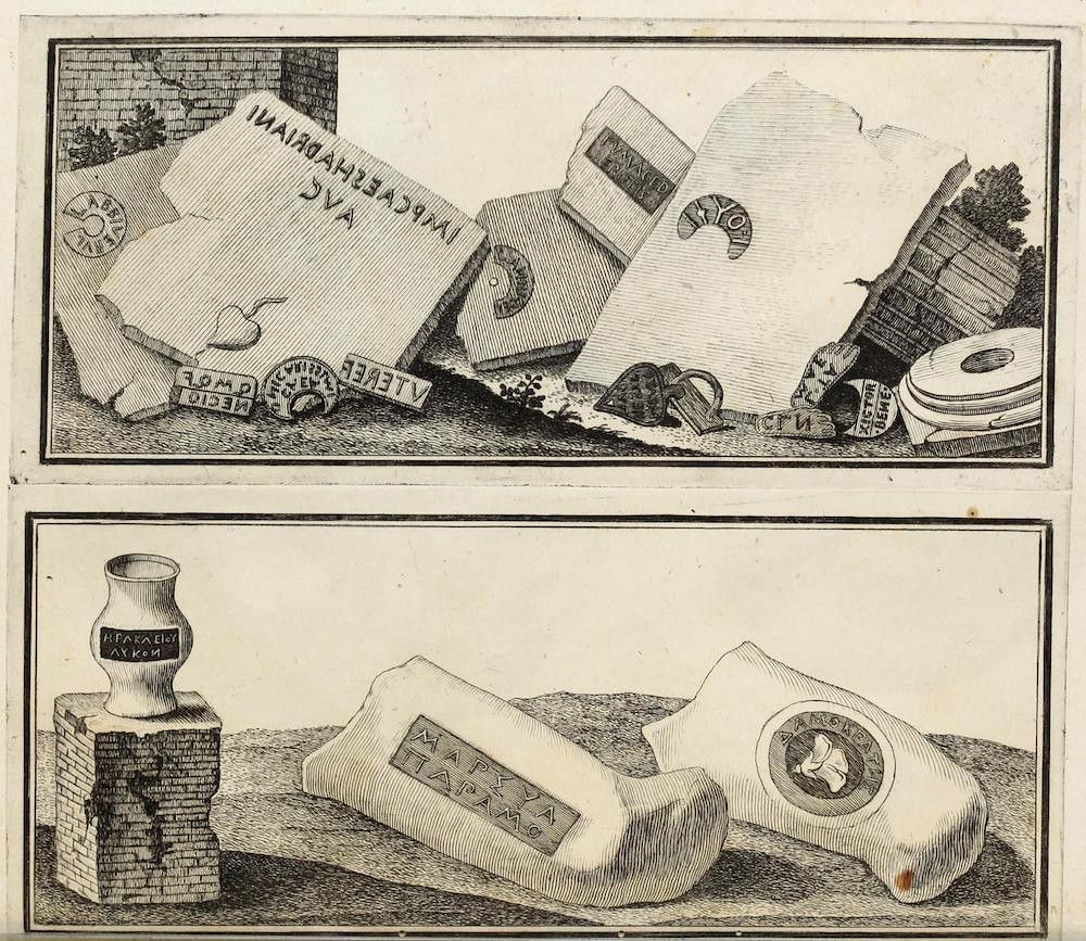 Two panels of a black and white engraving depicting fragmented and organized arrangements of boxes, jars, and other objects against a stone wall backdrop.