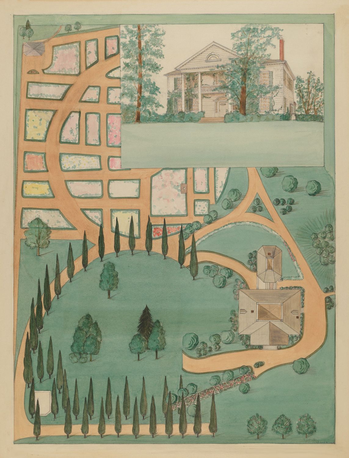 Vintage map of a historic estate with a mansion, winding paths, and landscaped gardens.