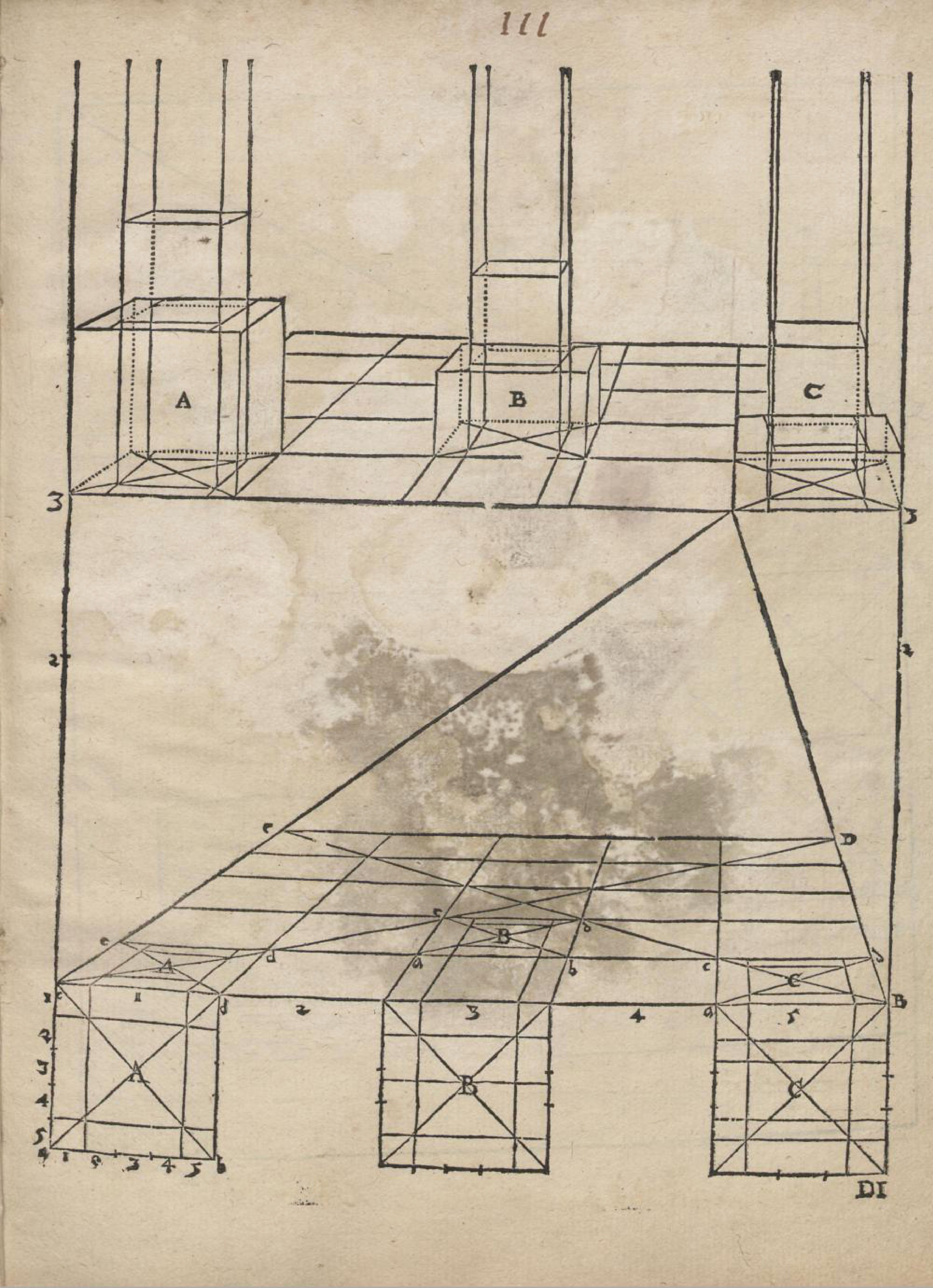 A vintage illustration of a geometric diagram with cubes, lines, and numbers, demonstrating perspective drawing techniques.