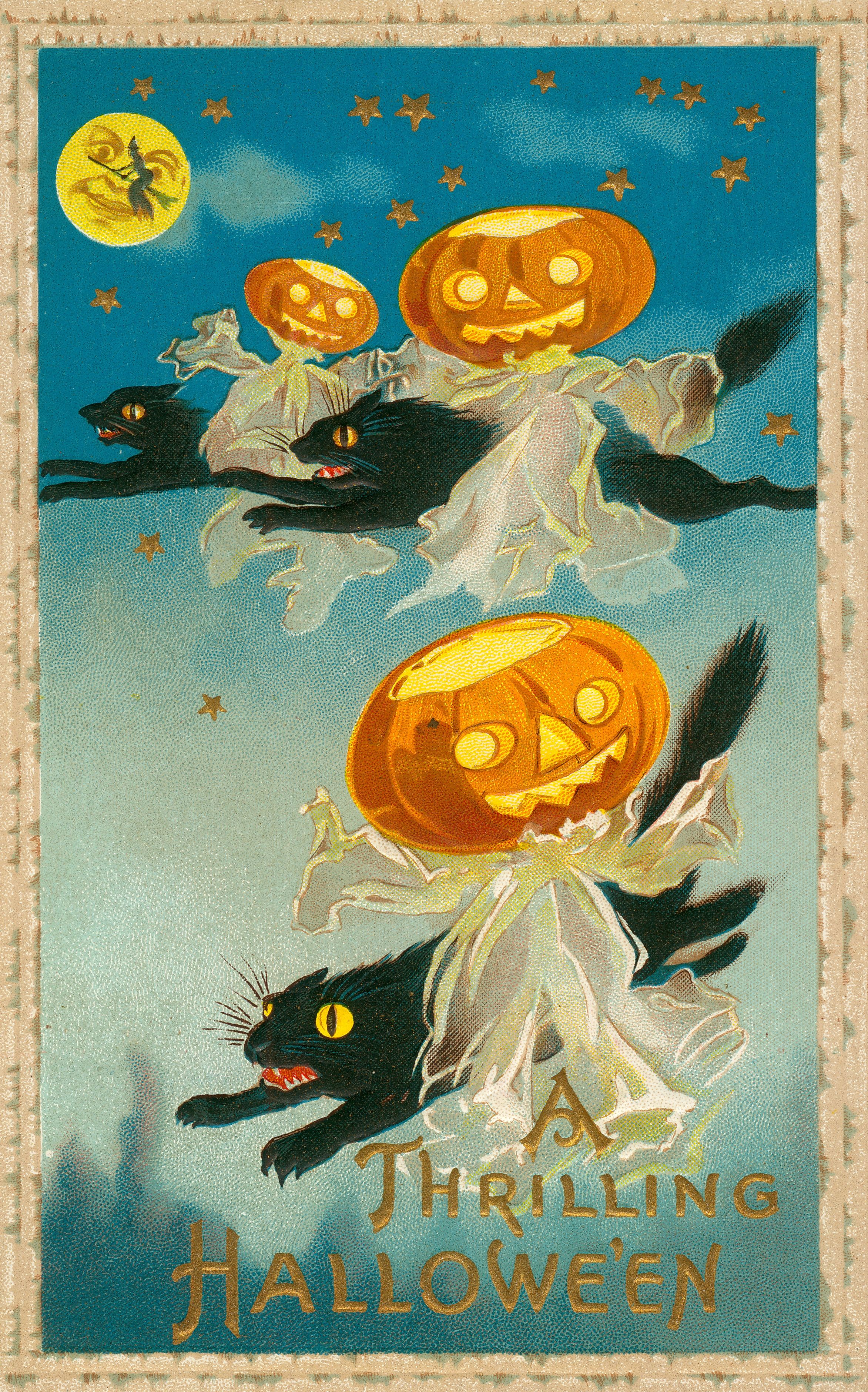 Vintage Halloween postcard with jack-o'-lantern-headed figures riding black cats through a starry night sky.