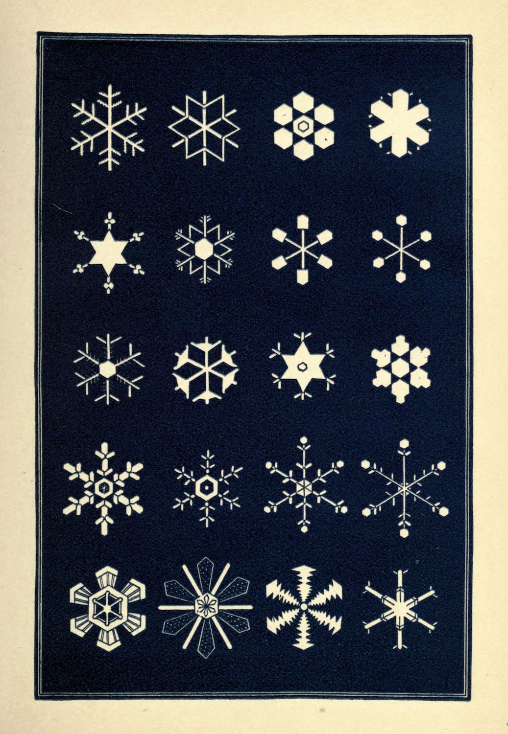 A vintage illustration of 16 unique snowflake designs in white against a black background.