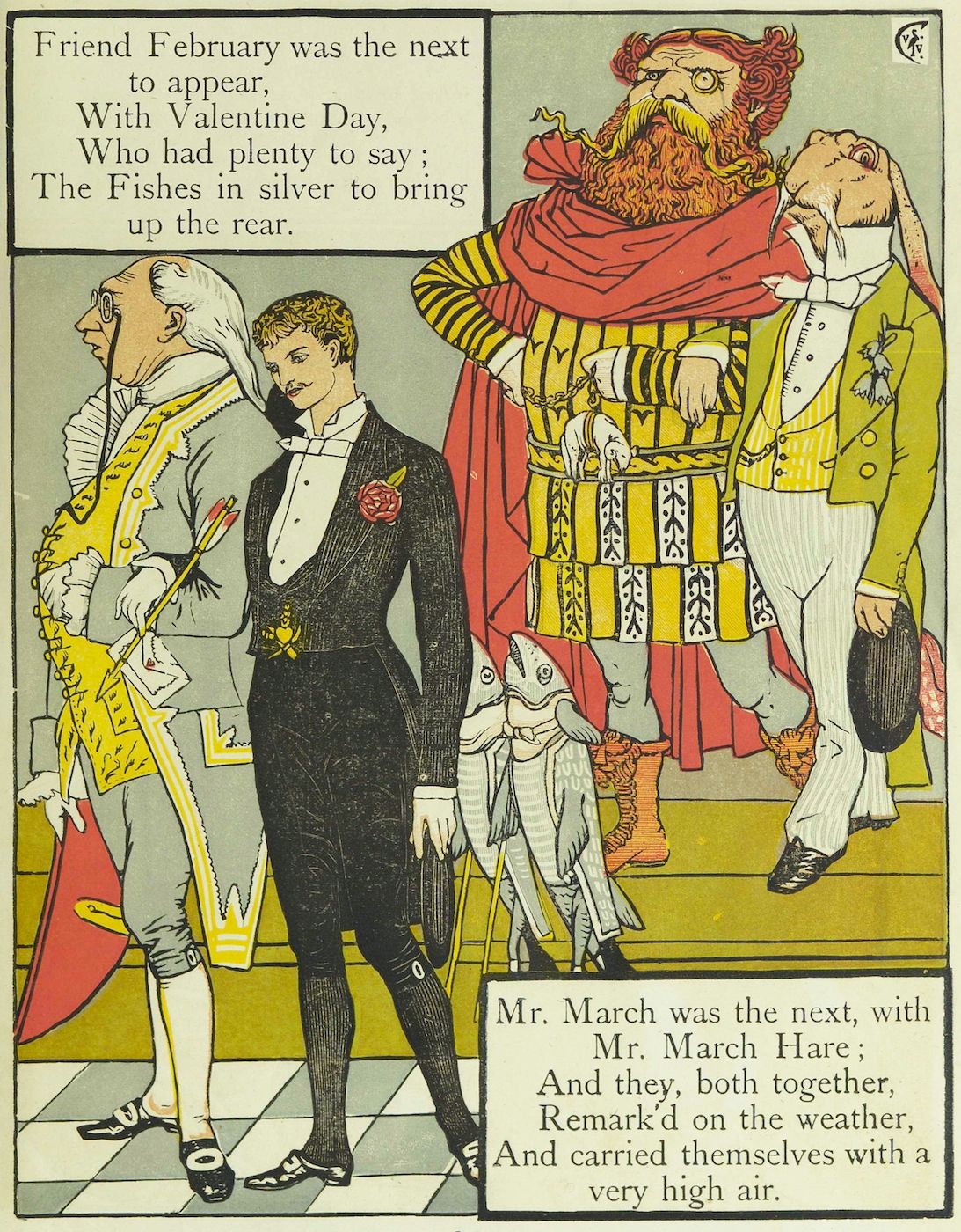 A vintage illustration depicting February, Valentine's Day, and March Hare as anthropomorphic characters in a whimsical scene.