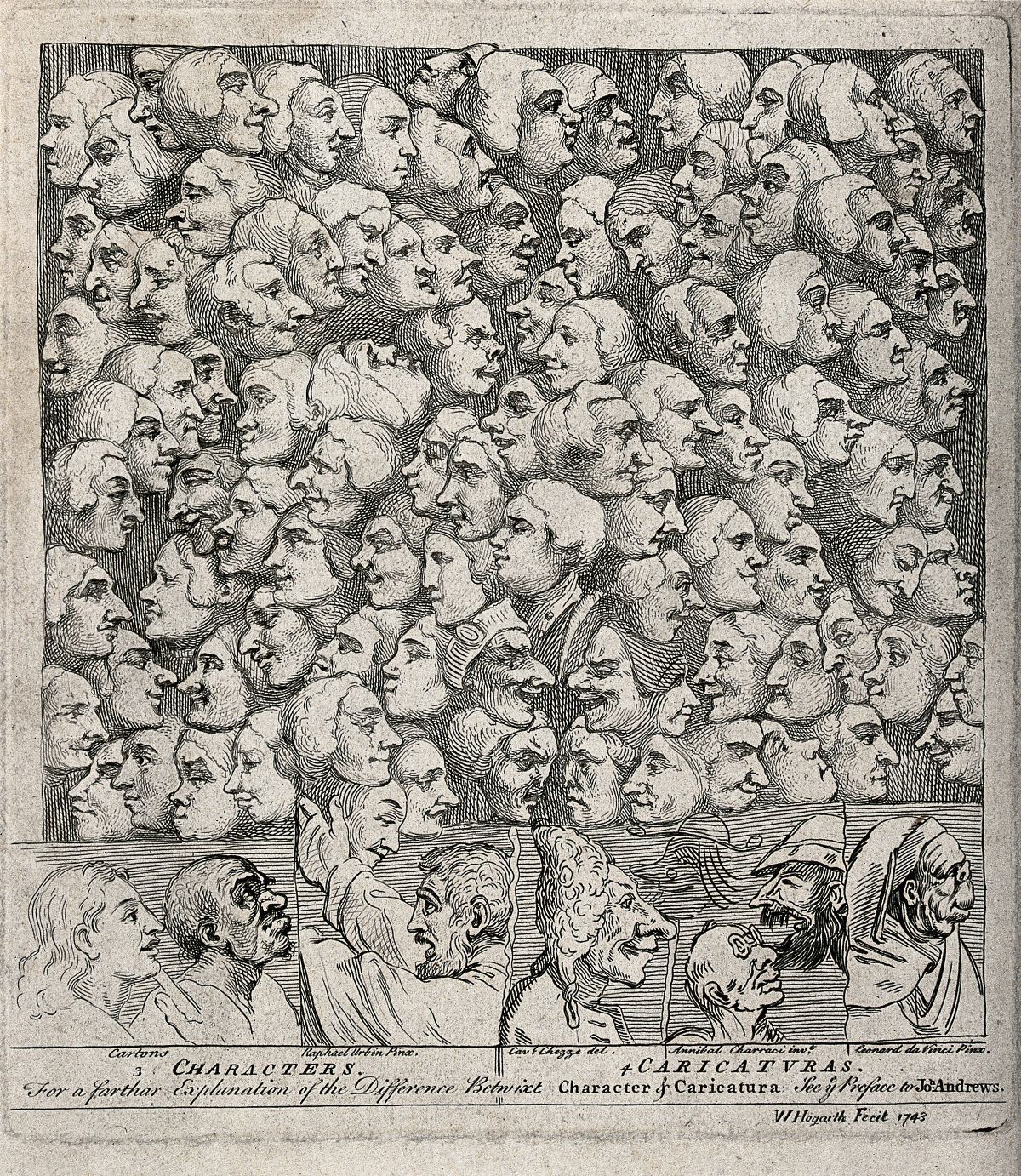A black and white engraving from 1743 titled "Characters & Caricaturas." It's a densely packed composition of numerous portraits and caricatures of faces, all rendered in a detailed, linear style.