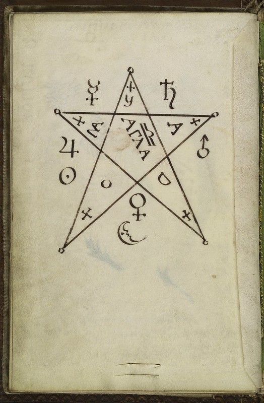 A page from an old book with a hand-drawn pentagram filled with esoteric symbols and characters.
