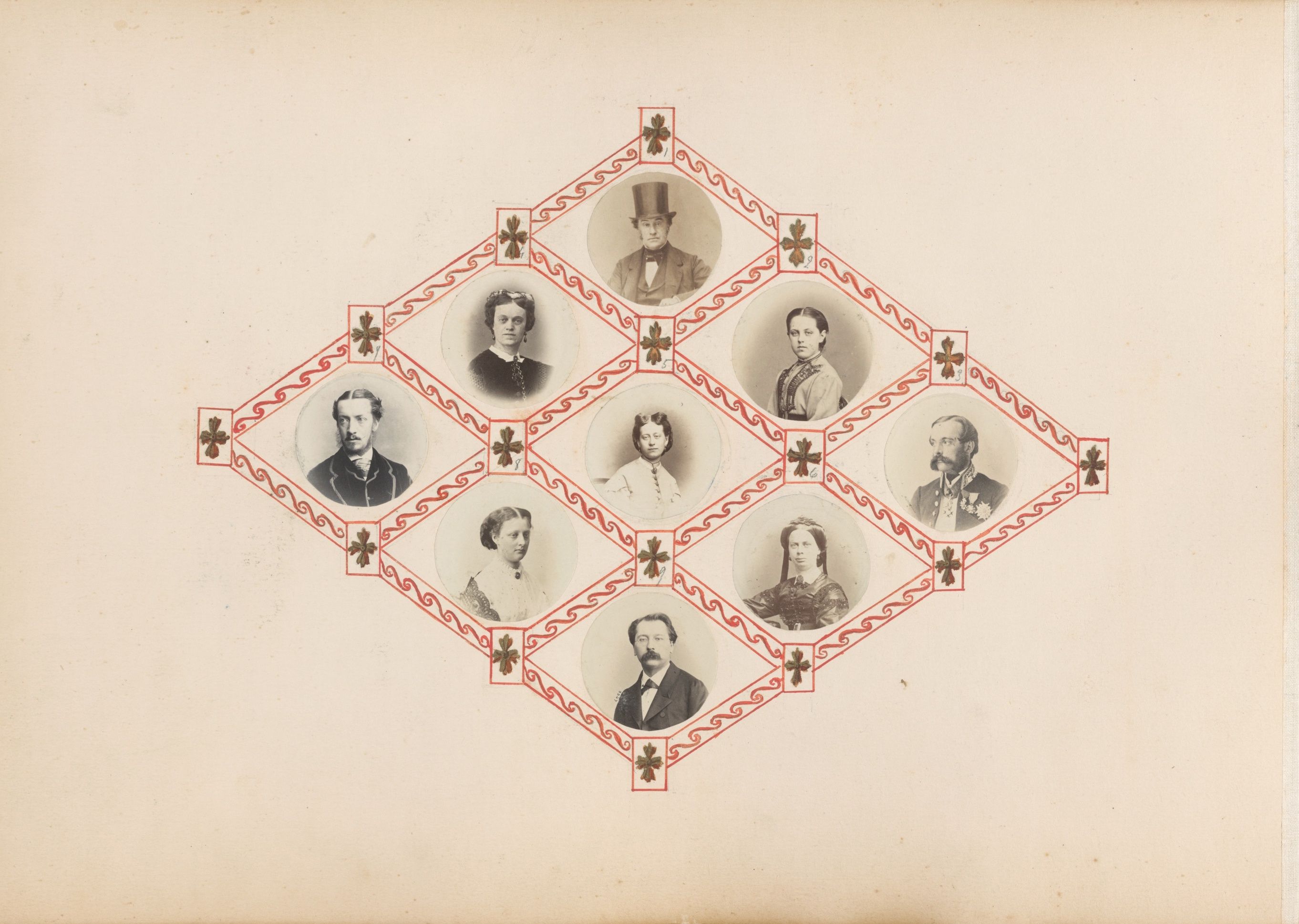 A vintage sepia-toned photograph of a family tree arranged in a diamond shape with decorative red patterns.