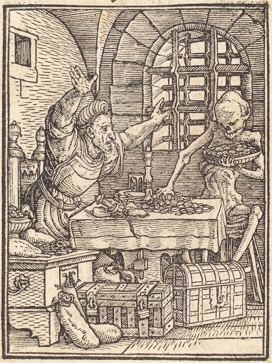 A woodcut illustration of a man being confronted by a skeleton at a table covered in coins.