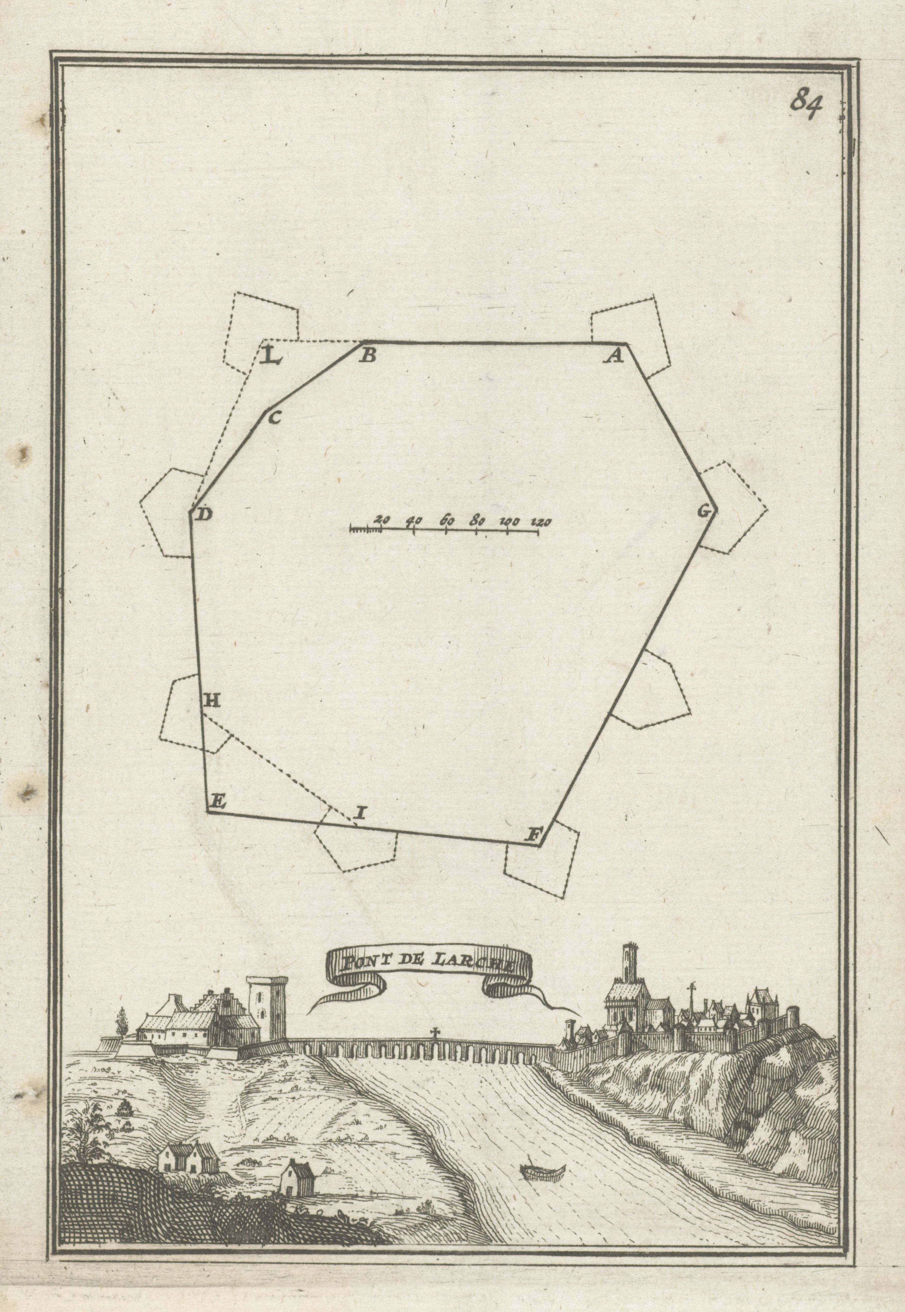 Vintage map and landscape illustration of a star-shaped fortification and a town with a bridge.