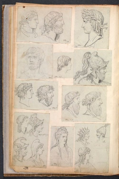 A page from a sketchbook filled with numerous pencil sketches of heads and profiles.