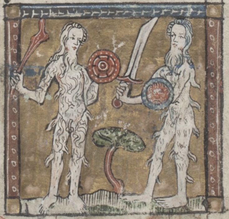 Medieval illustration of Adam and Eve with shields and swords.