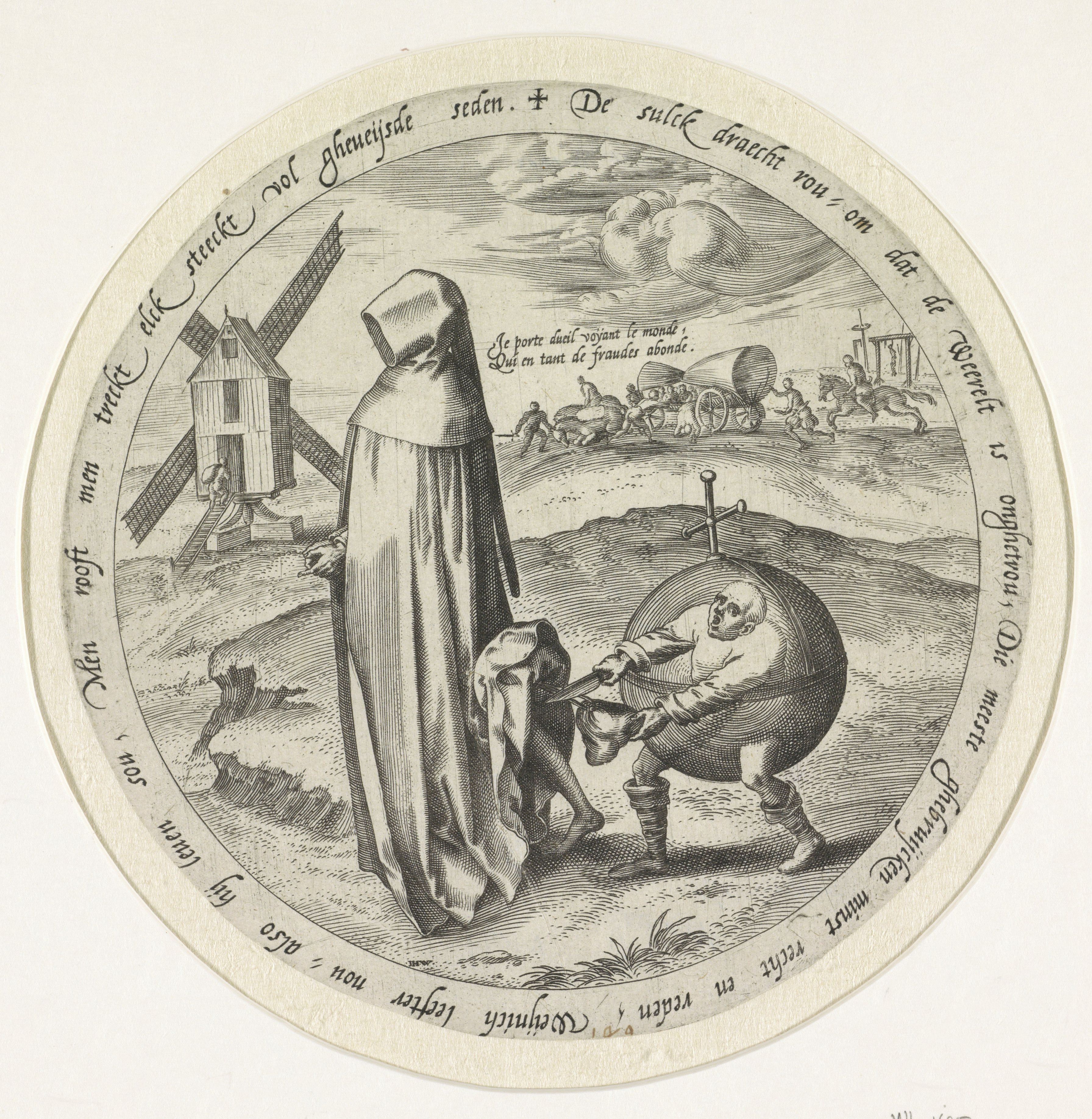 A black and white engraving depicting a monk feeding a pig-headed figure seated on a globe, with a windmill and landscape in the background, surrounded by text.