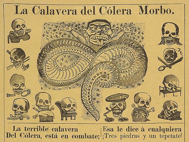 Vintage illustration of a skull with a snake-like body and surrounding skulls, titled 'La Calavera del Cólera Morbo'.