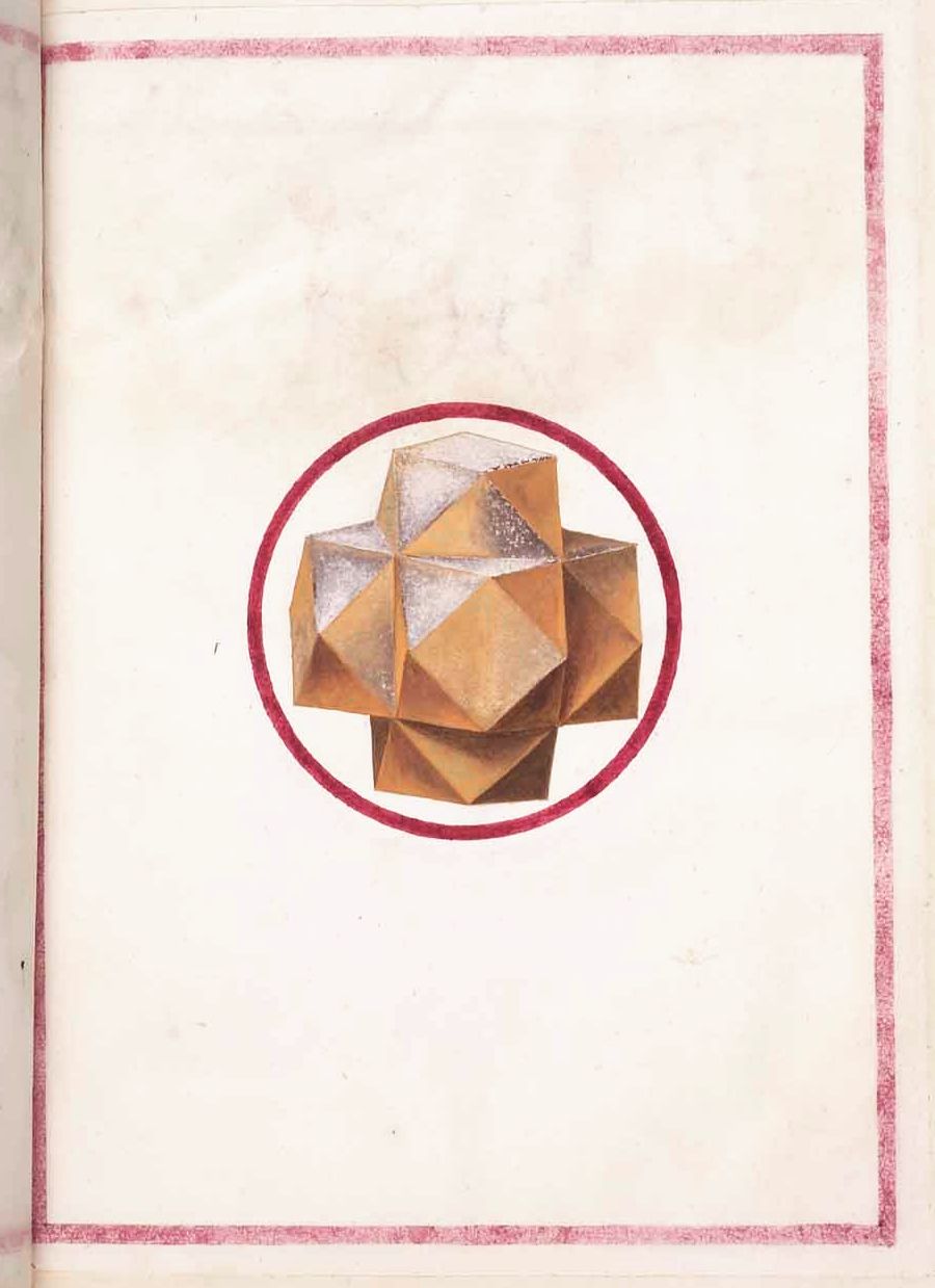 A page from a book or manuscript with a red circle containing a complex arrangement of interconnected golden cubes.
