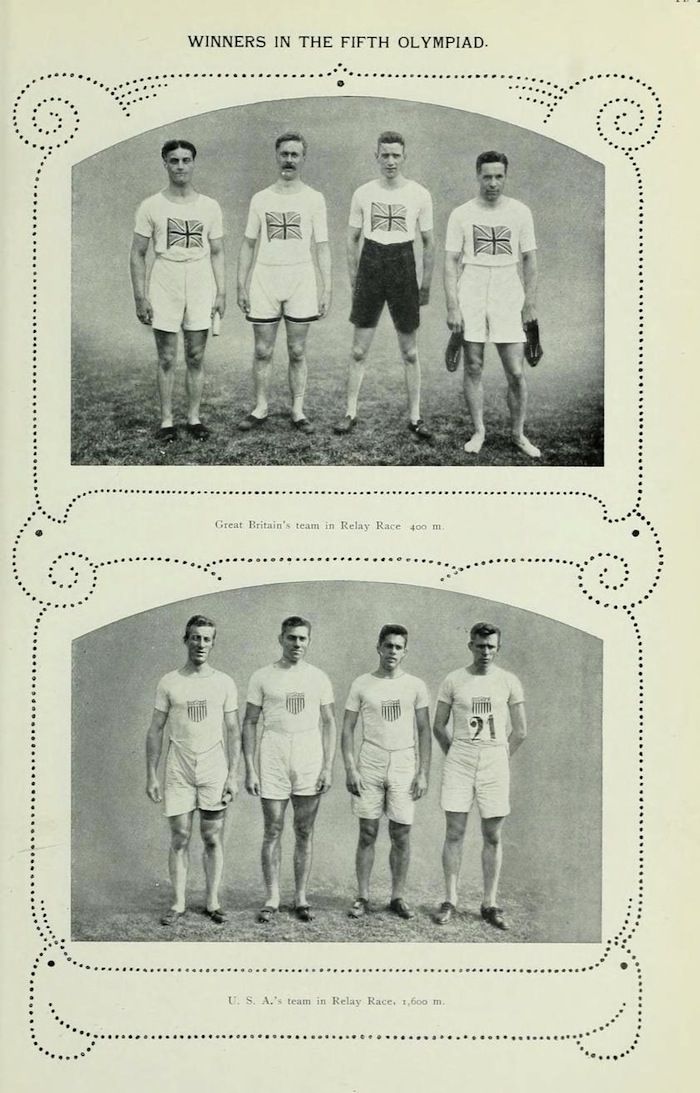 A vintage black and white photograph featuring two groups of athletes, identified as winners in the Fifth Olympiad. The top section features the Great Britain team in a 400m relay race, and the bottom section features the U.S.A. team in a 1600m relay race.