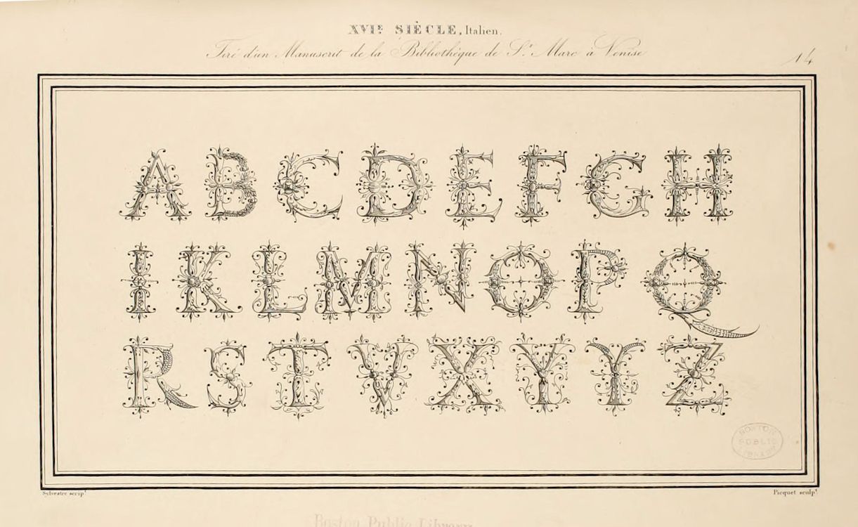 A page from a manuscript displaying an ornate alphabet with floral and vine-like motifs.