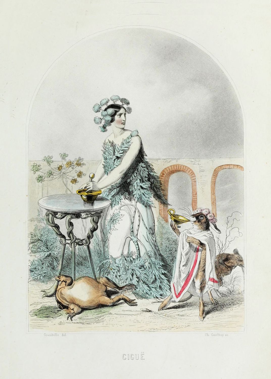 Vintage illustration of a woman offering food to a rat while a goat looks on.