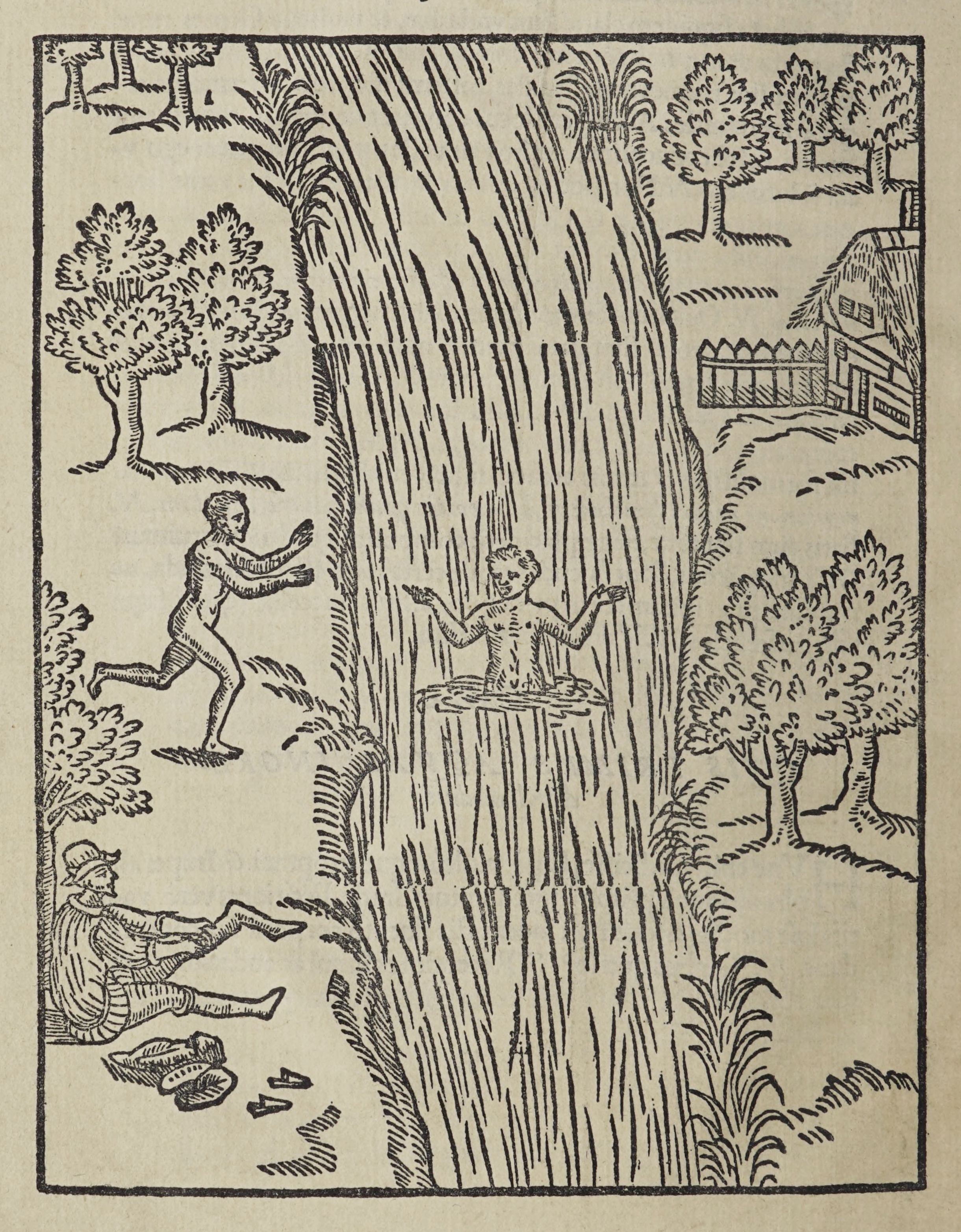 A black and white woodcut illustration depicting a scene with a waterfall and several figures.