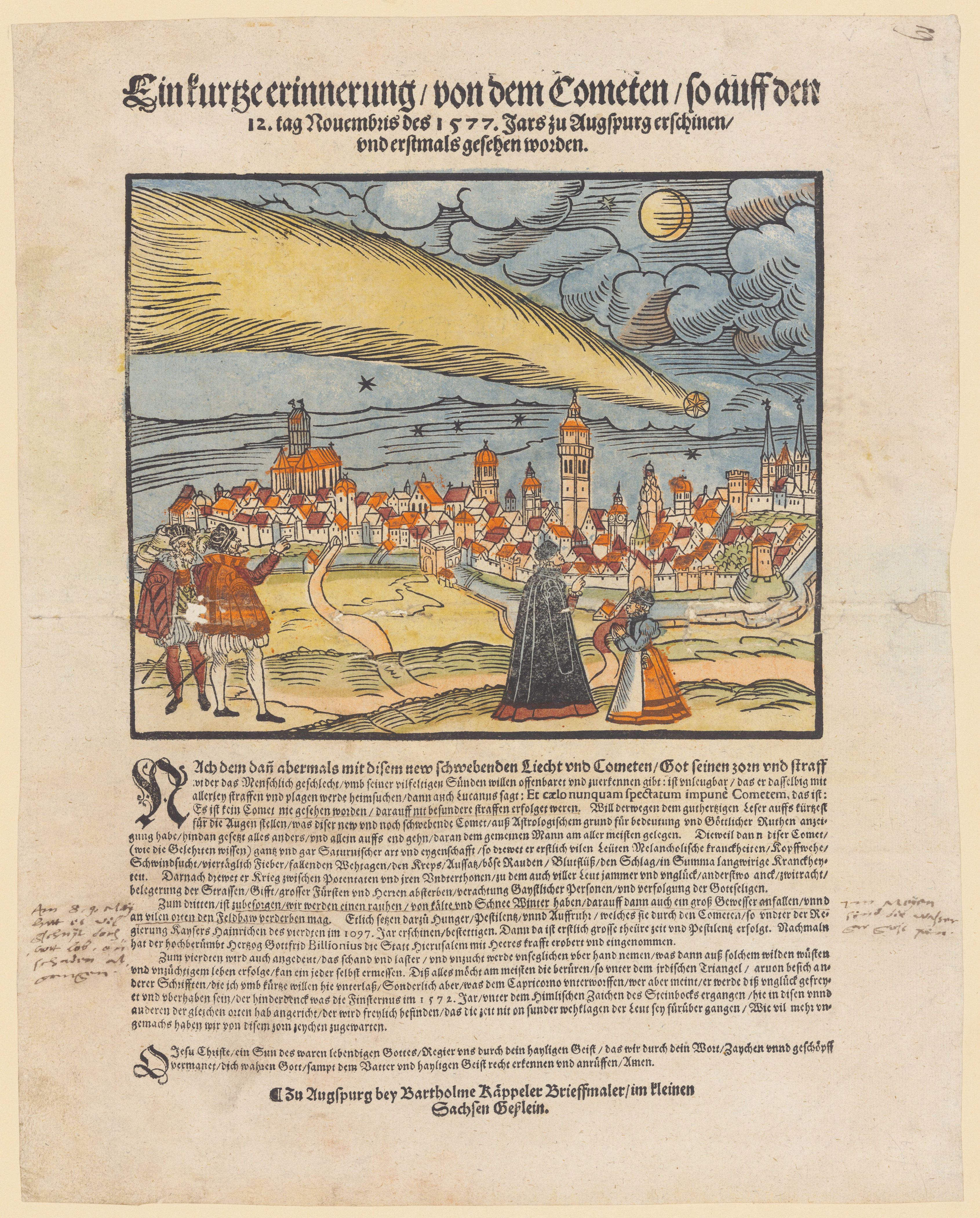 A 16th-century woodcut print depicting a comet in the sky above a medieval town. The comet has a long, streaming tail. People and buildings are visible below, and the sky is filled with stars, the sun, and the moon.