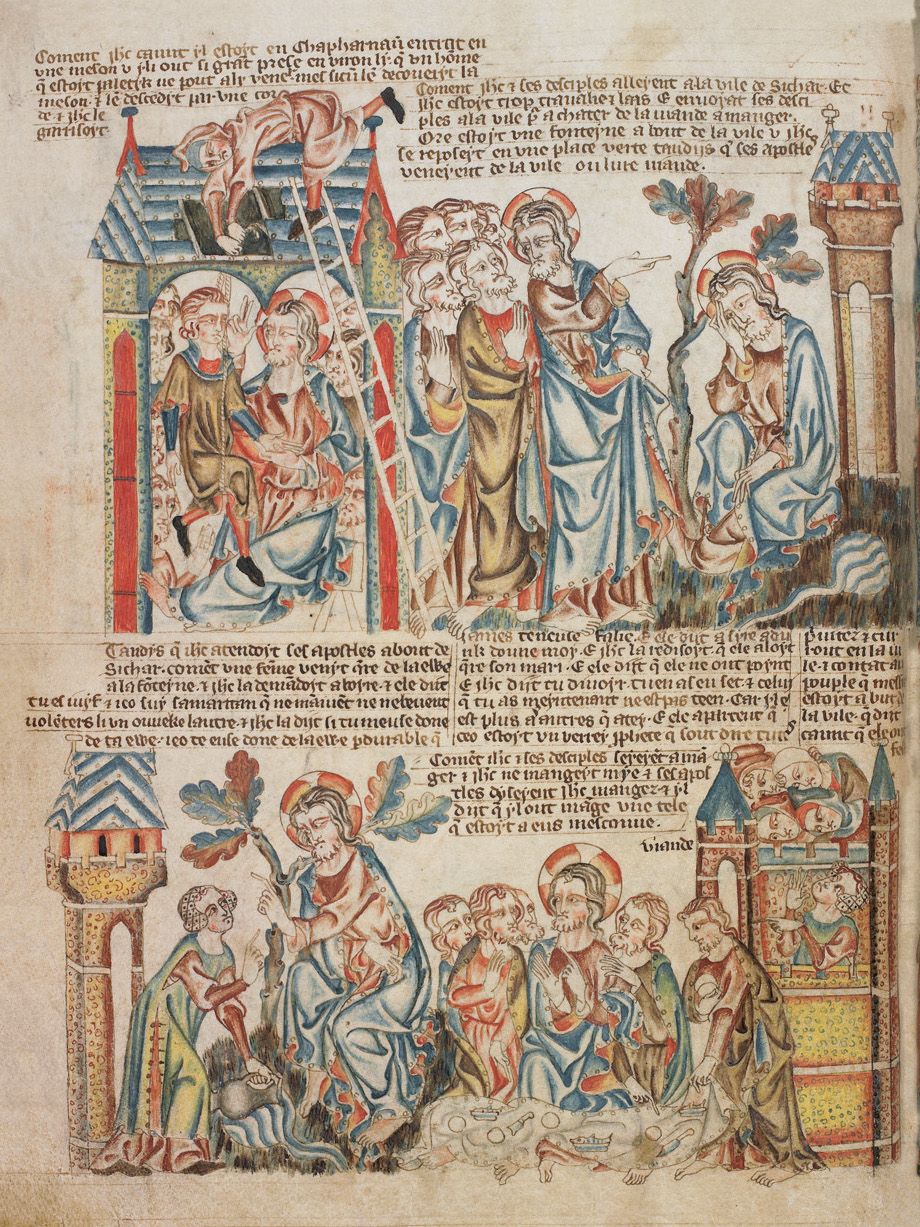 A detailed, colorful illustration from a medieval manuscript page depicting a royal procession or battle.
