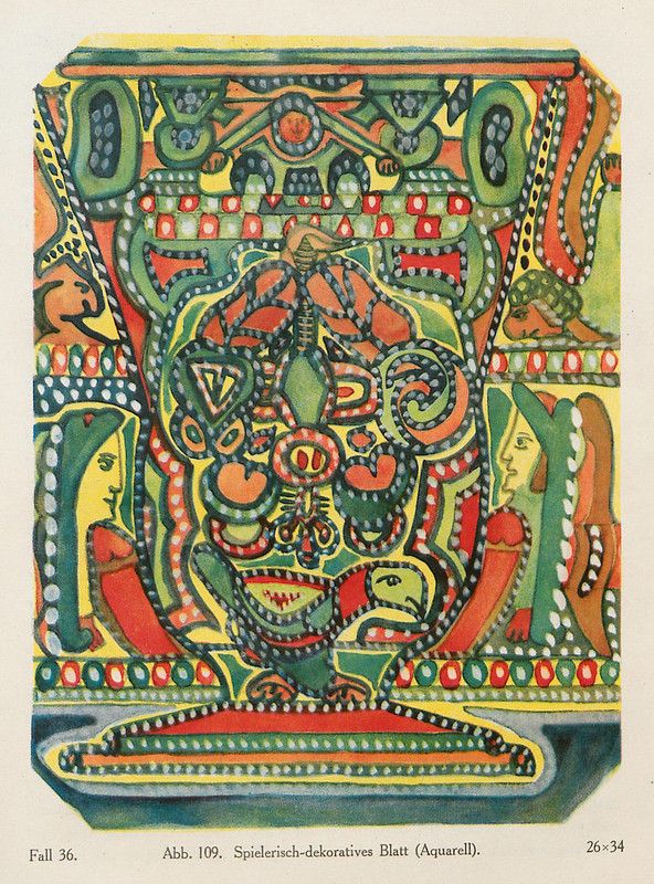 A square watercolor illustration of a decorative sheet with a symmetrical pattern in green, red, and yellow. It features stylized figures, floral motifs, and abstract shapes, framed by a border of red circles.