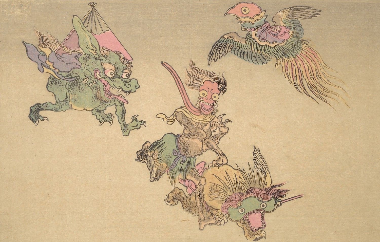 Vintage Japanese woodblock print featuring a fantastical scene with several mythical creatures.