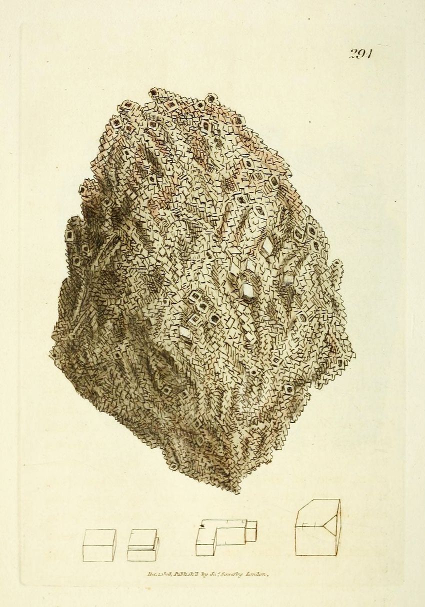 Vintage scientific illustration of a complex stone formation with geometric shapes, accompanied by diagrams and publisher information.