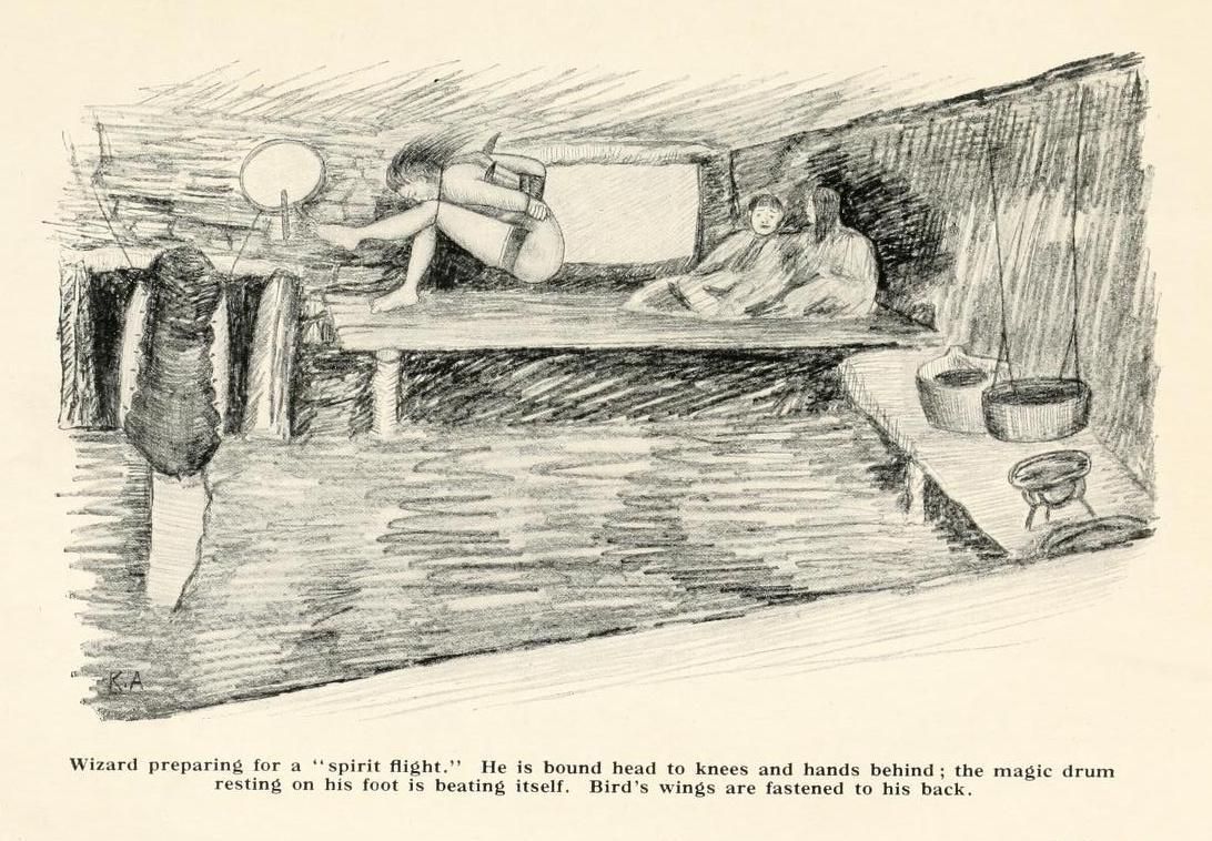 A black and white sketch of a wizard preparing for a 'spirit flight'. He is bound head to knees and hands behind, with a drum resting on his foot and bird's wings fastened to his back.