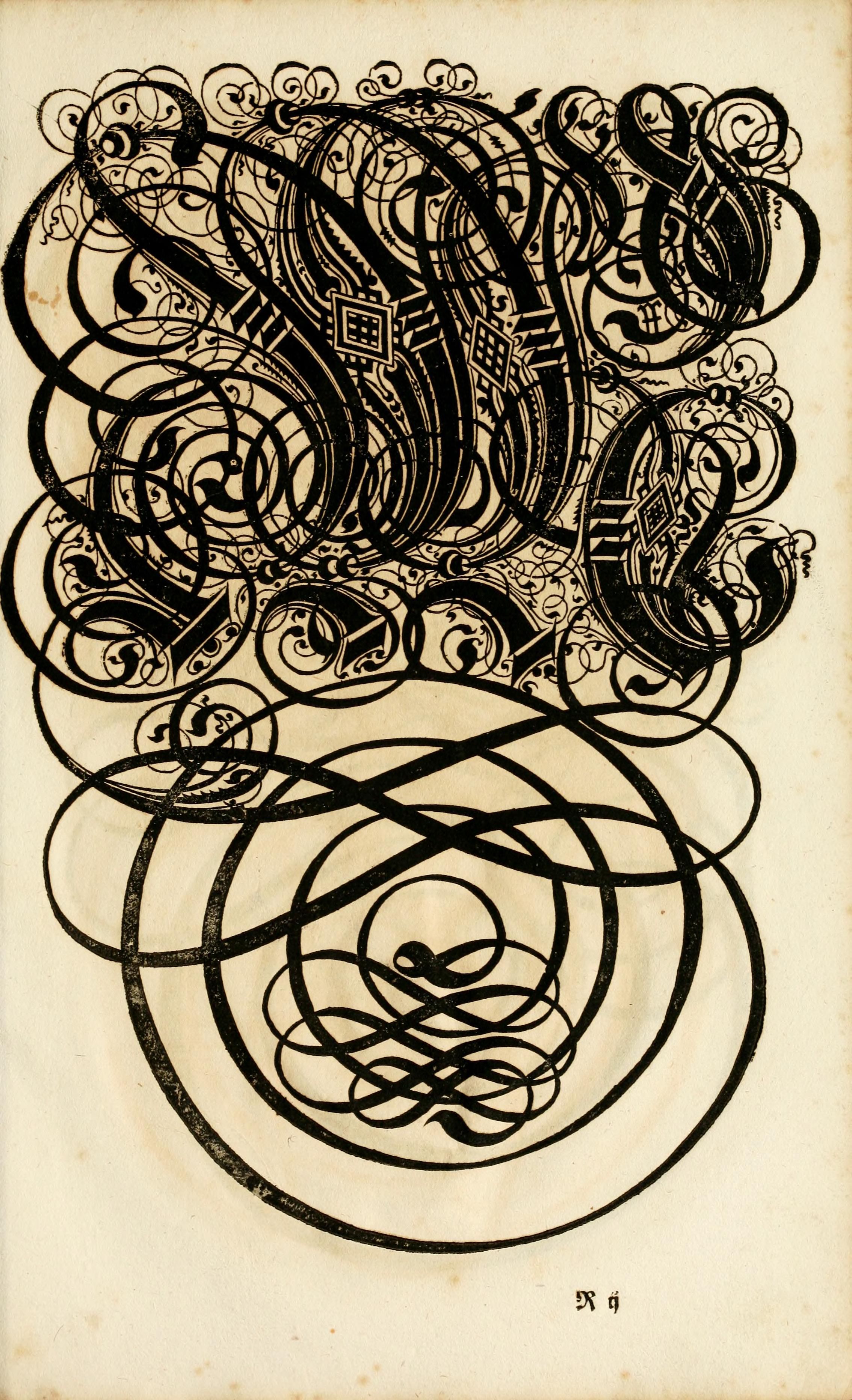A vintage illustration featuring an intricate, ornate design in black ink on a cream-colored background.