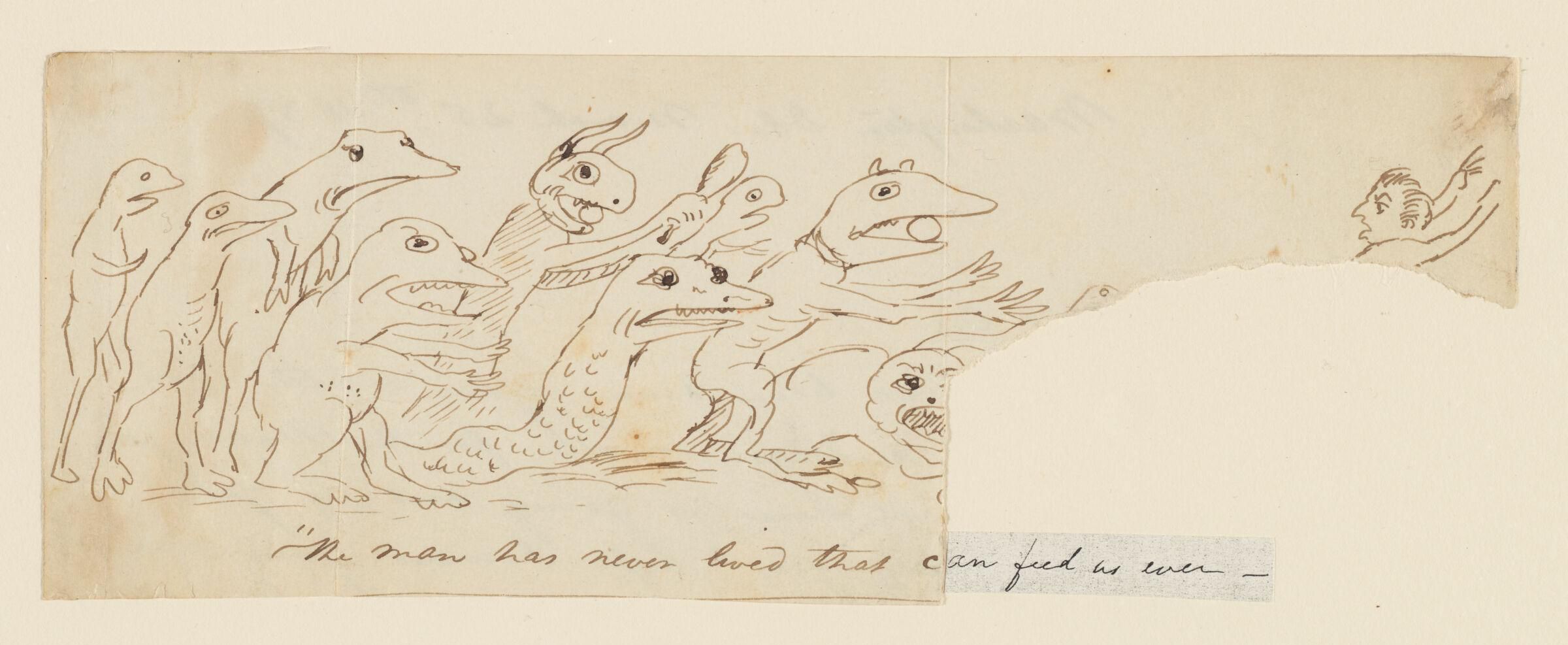 A sepia-toned drawing on a cream-colored background depicting a series of fantastical creatures in a chaotic procession. Handwritten text below the drawing reads: "The man has never lived that can feel as we - "