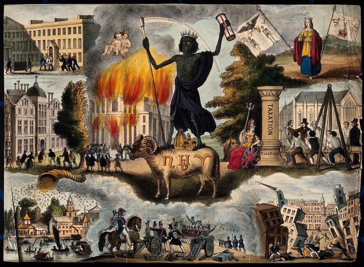 A detailed, colorful, and dramatic historical illustration depicting a city under duress, with fires raging and a large, dark figure dominating the center.