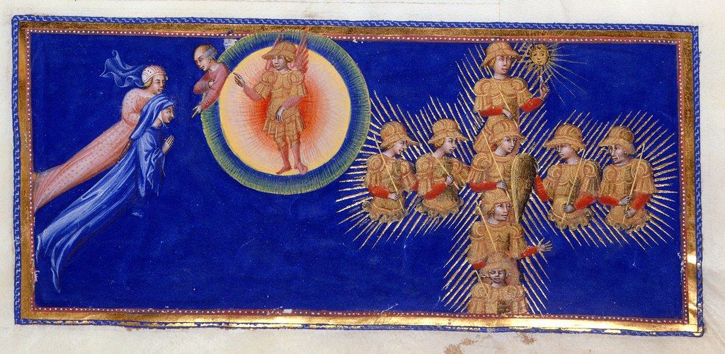A medieval illustration depicting a religious scene with a figure in blue reaching towards a luminous circle containing Christ, while golden armored figures form a cross-like shape on the right.