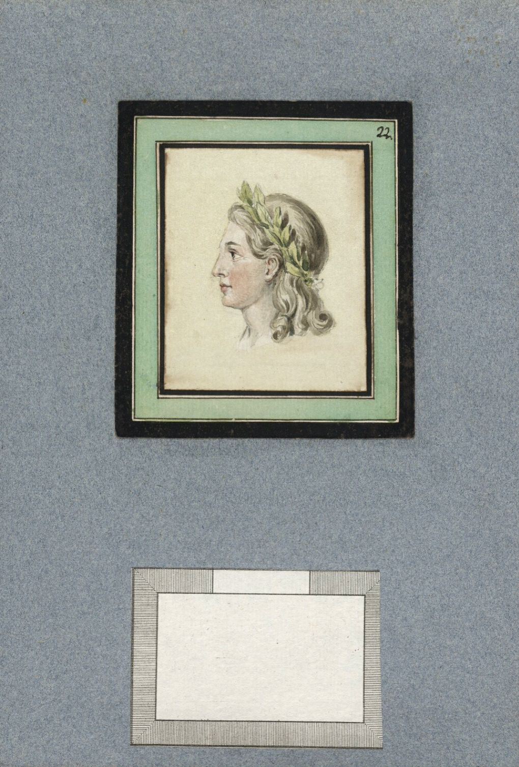 A framed portrait of a person's head in profile, with a wreath and soft curls, numbered '22', and a blank rectangle below.