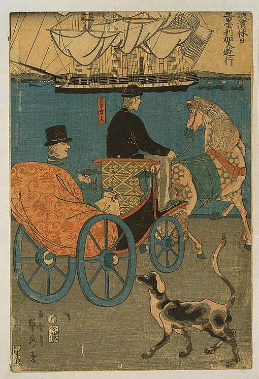 Vintage Japanese woodblock print of a carriage pulled by a horse with a dog running alongside, and a ship in the background.