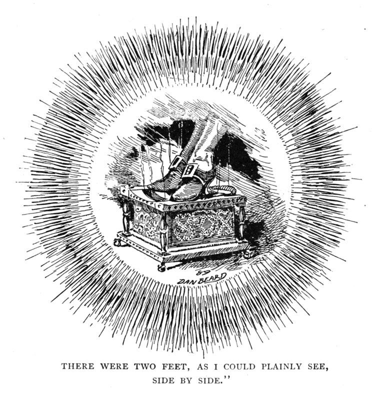 A vintage illustration of two feet in shoes and stockings protruding from a decorated box, with radiating lines surrounding the scene. The text below reads 'THERE WERE TWO FEET, AS I COULD PLAINLY SEE, SIDE BY SIDE.'