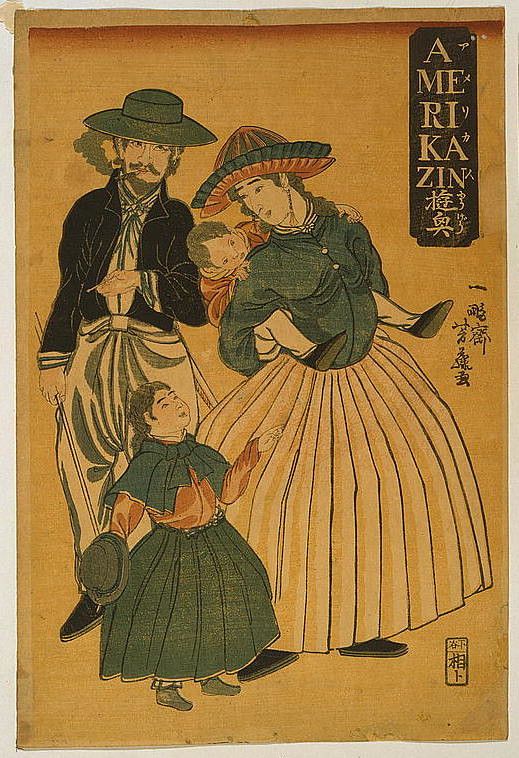 A vintage Japanese woodblock print depicting three figures in Western-style clothing, titled “Amerika Jin”.
