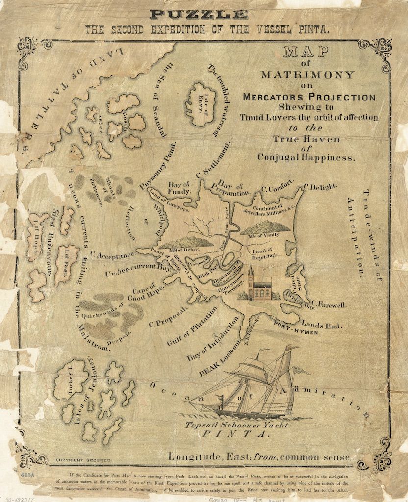 A vintage sepia-toned map titled "MAP of MATRIMONY on MERCATORS PROJECTION", depicting a whimsical chart of the journey to marriage with romantic and metaphorical locations.