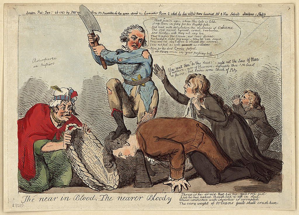Political cartoon depicting a man on horseback wielding an axe, with another man kneeling before him, surrounded by chaos and debris.